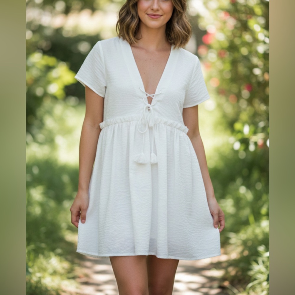 Hazel White Ivory Short Sleeve Babydoll Mini Dress Size Small Flowy Graduation